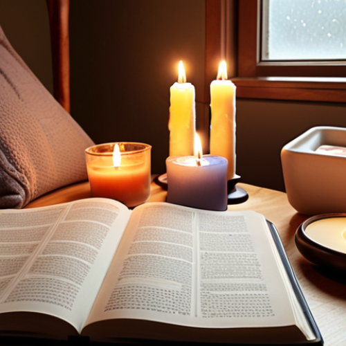 **A therapist's desk with a journal and calming items like candles, with a soft, warm light, symbolizing self-understanding and mental well-being.** This aims to capture the essence of self-care and reflection emphasized in the first section.