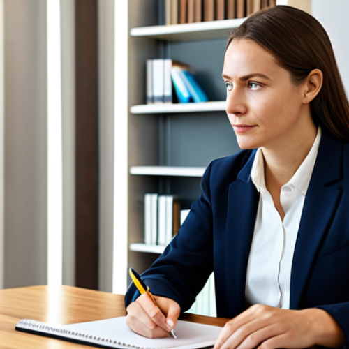 A professional female psychologist in a modest business blazer, seated thoughtfully at a polished wooden desk in a bright, modern counseling office. She looks calm and contemplative, holding a pen near a notepad. The background features blurred, inviting shelves with professional books and soft lighting, suggesting a serene and trustworthy environment. Professional photography, high quality, natural pose, perfect anatomy, correct proportions, well-formed hands, proper finger count, natural body proportions, safe for work, appropriate content, fully clothed, professional, modest clothing.