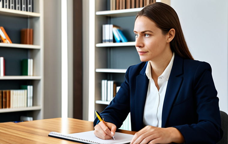 A professional female psychologist in a modest business blazer, seated thoughtfully at a polished wooden desk in a bright, modern counseling office. She looks calm and contemplative, holding a pen near a notepad. The background features blurred, inviting shelves with professional books and soft lighting, suggesting a serene and trustworthy environment. Professional photography, high quality, natural pose, perfect anatomy, correct proportions, well-formed hands, proper finger count, natural body proportions, safe for work, appropriate content, fully clothed, professional, modest clothing.