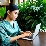 **

A fully clothed Thai businesswoman in a stylish, modest silk dress, working on a laptop at a modern cafe in Bangkok. Lush tropical plants are visible in the background.  Safe for work, appropriate content, professional, perfect anatomy, natural pose, well-formed hands, proper finger count, high resolution.

**