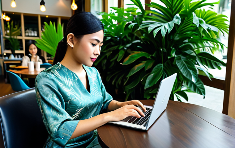 **

A fully clothed Thai businesswoman in a stylish, modest silk dress, working on a laptop at a modern cafe in Bangkok. Lush tropical plants are visible in the background.  Safe for work, appropriate content, professional, perfect anatomy, natural pose, well-formed hands, proper finger count, high resolution.

**
