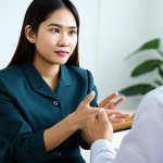 상담심리사 실습 경험 활용하기 - **Image Prompt:** A Thai psychologist in a modern office, actively listening to a young adult client...