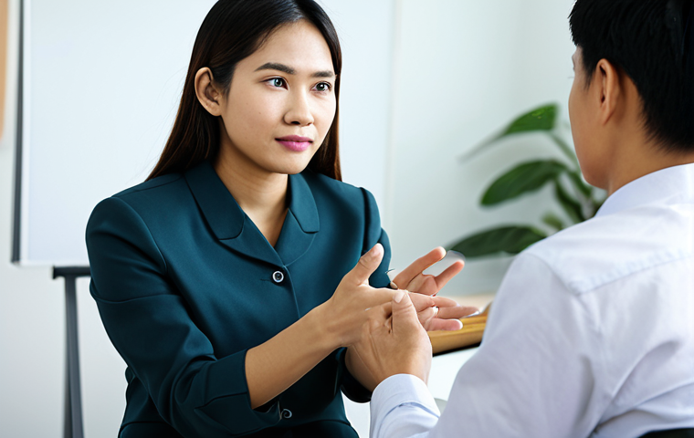 상담심리사 실습 경험 활용하기 - **Image Prompt:** A Thai psychologist in a modern office, actively listening to a young adult client...