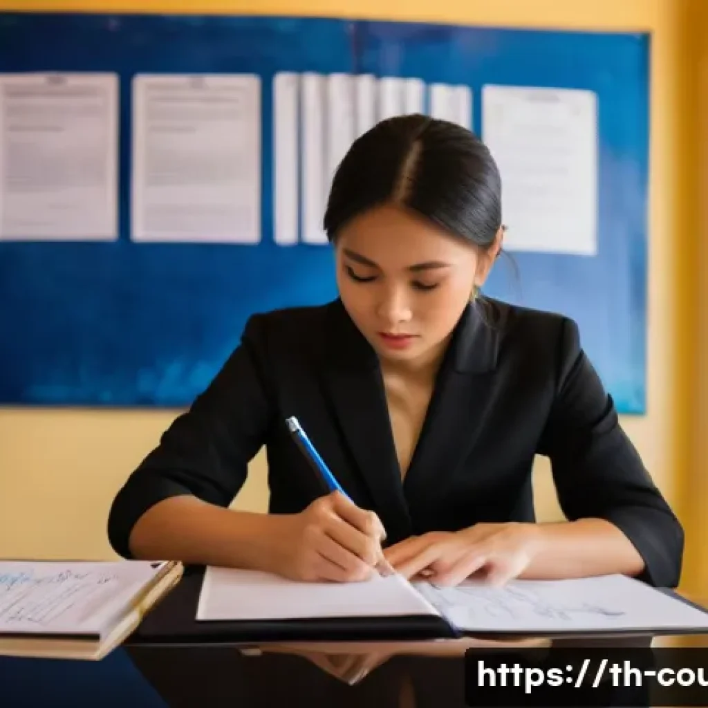 상담심리사 실습일기 작성 요령 - A professional psychology intern sitting at a modern Thai counseling center desk, writing detailed n...