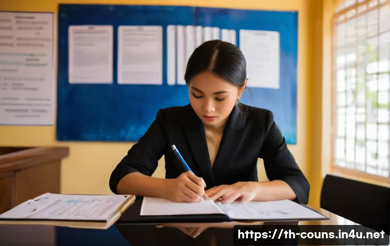 상담심리사 실습일기 작성 요령 - A professional psychology intern sitting at a modern Thai counseling center desk, writing detailed n...