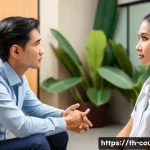 Home 22 상담심리사 수련 과정의 현실 - A professional clinical psychologist in a modern Thai mental health clinic, attentively listening to...