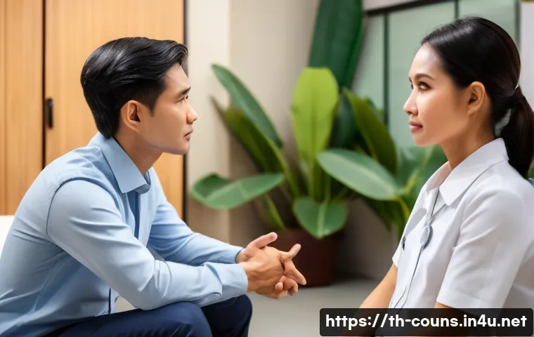 상담심리사 수련 과정의 현실 - A professional clinical psychologist in a modern Thai mental health clinic, attentively listening to...
