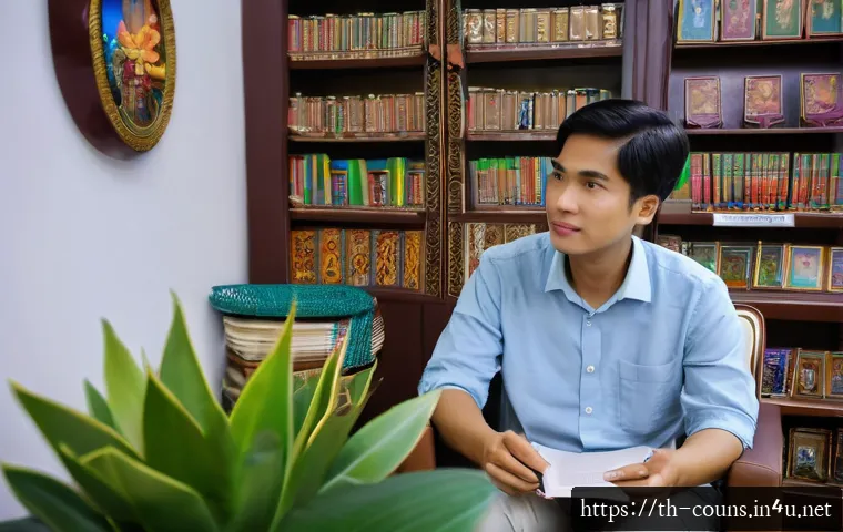 상담심리사 자격증과 학위의 차이 - A professional psychological counselor in Thailand, wearing modest formal attire, sitting in a cozy,...