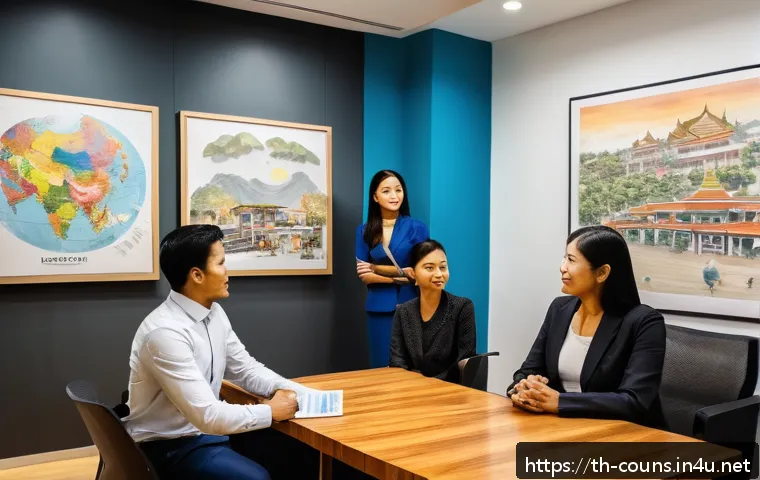 상담심리사 업무 중 직면하는 도전 - A professional psychologist conducting a culturally sensitive counseling session in a modern office,...