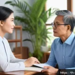 Home 23 상담심리사 직업 만족도 조사 - A compassionate Thai psychologist in a modern counseling office, attentively listening to a middle-a...