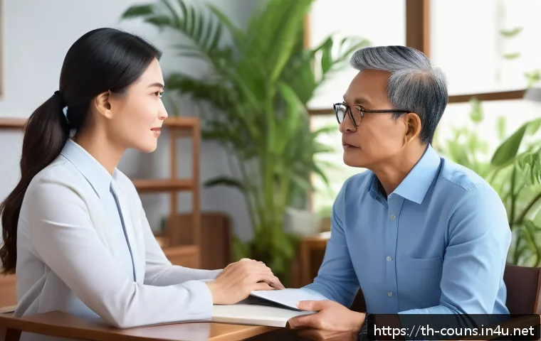 상담심리사 직업 만족도 조사 - A compassionate Thai psychologist in a modern counseling office, attentively listening to a middle-a...